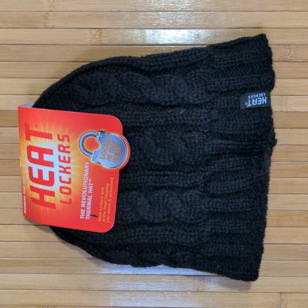 Womens Black Knit Cable Hat by Heat Lockers NEW